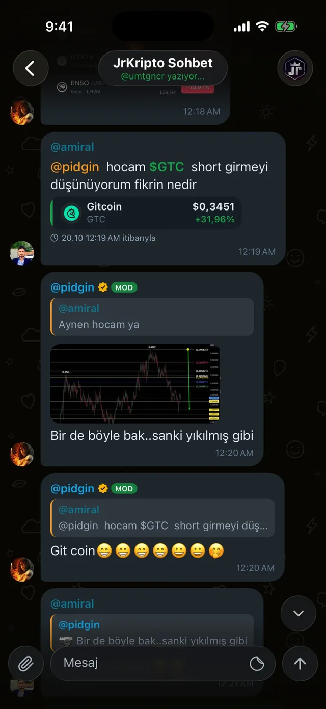 JrKripto uygulamasında JrKripto Sohbet grubundan bir ekran