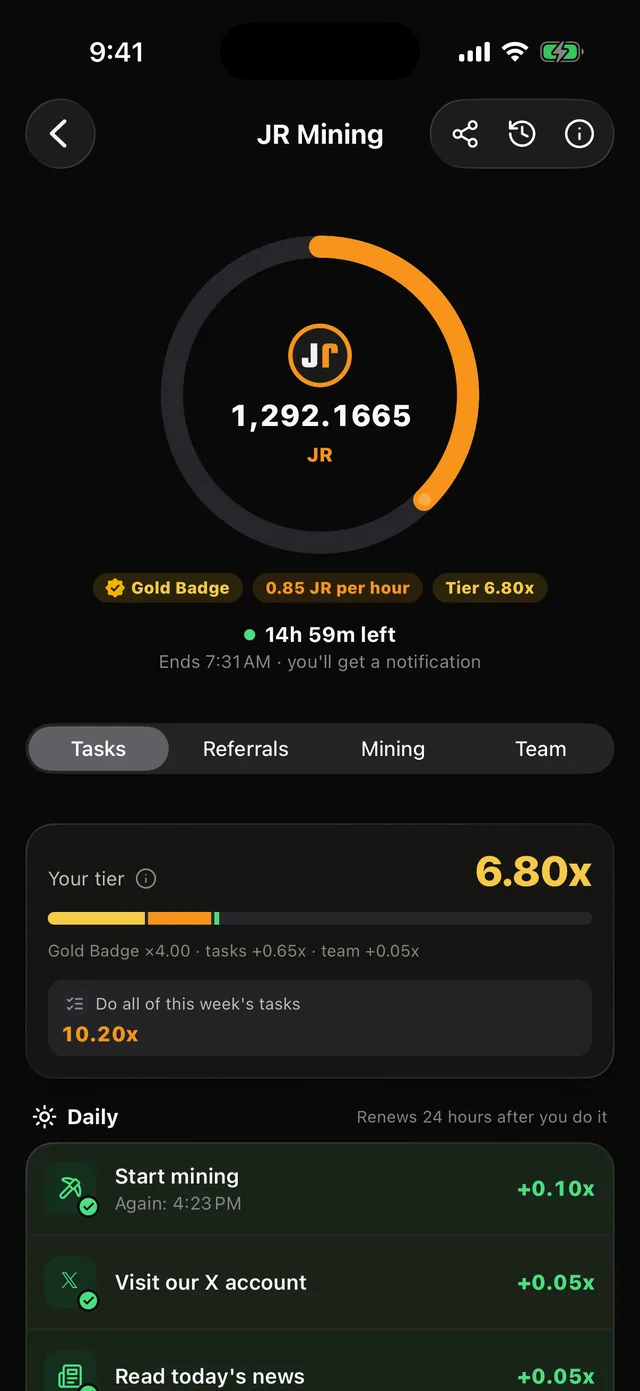 JR Mining in the JrKripto app: the mining ring, the hourly rate and the tier