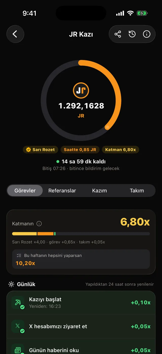 JrKripto uygulamasında JR Kazı ekranı: kazı halkası, saatlik hız ve katman