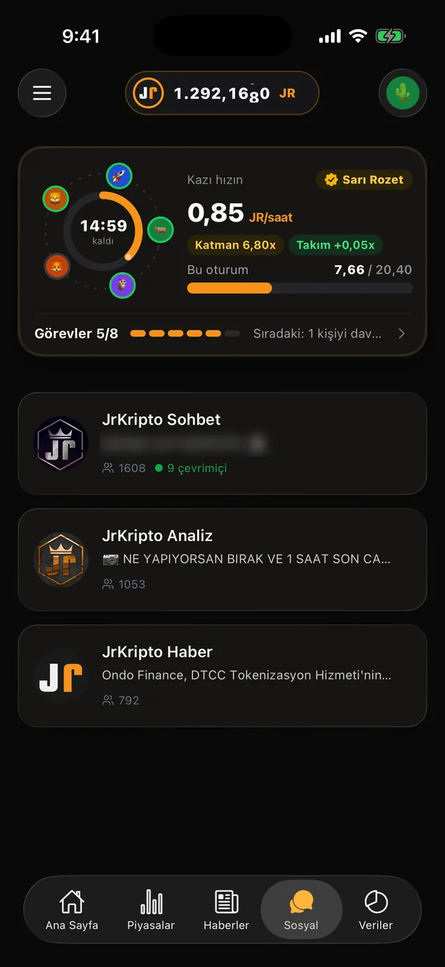 JrKripto Sosyal sekmesi: kazı hızı, katman ve takım üyeleri