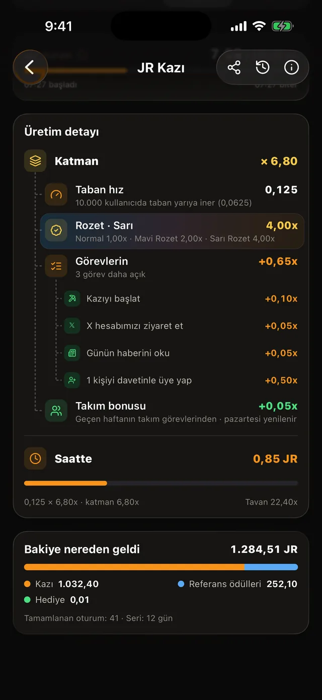 JR Kazı Üretim detayı: taban hız, rozet, görevler ve takım bonusundan oluşan katman
