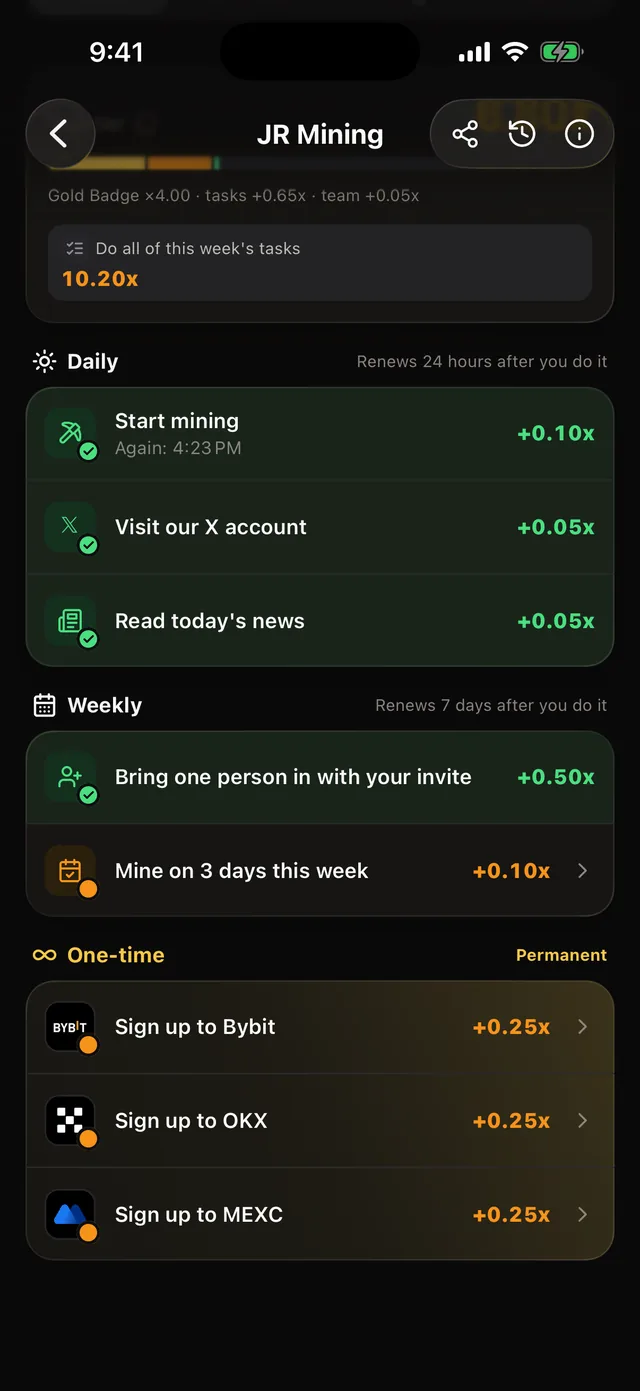 JR Mining Tasks tab: the tier bar, this week's potential and the daily tasks