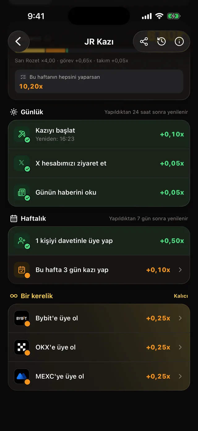 JR Kazı Görevler sekmesi: katman çubuğu, haftalık potansiyel ve günlük görev listesi