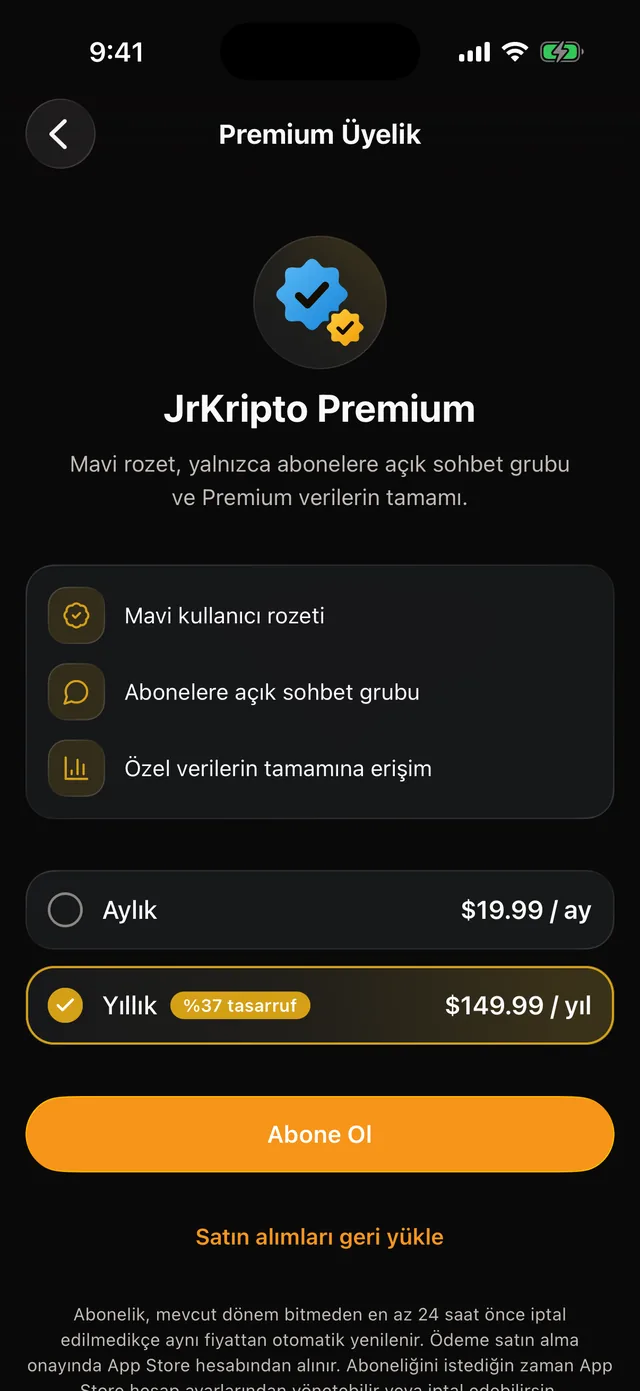JrKripto uygulamasındaki Premium Üyelik ekranı